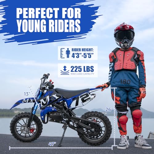 Image of Gas Dirt Bikes for Kids, 50cc 2 Stroke Kids Dirt Bike, 49cc Dirt Bike Up to 24 MPH Pull Start, Pit Bike for Boys Girls, Gas Dirt Bike Dual Disc Brake Inverted Fork Off Road Blue with Armor Suit Set