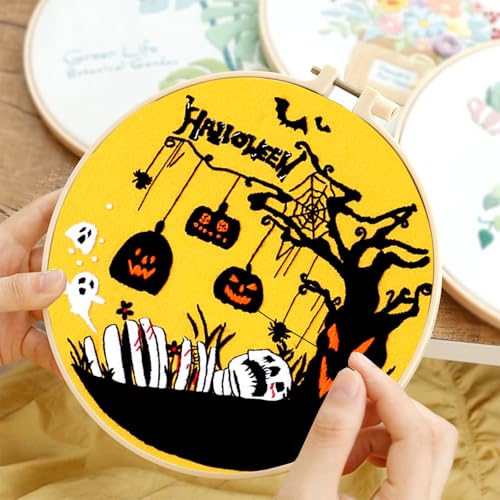 Image of Topapfo Halloween Embroidery Kit with Tutorial, Beginners Adults Embroidery Pattern with Instruction Hoop Threads Needles