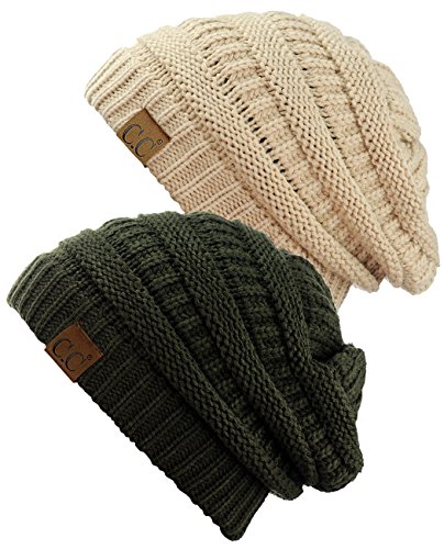 C.C Trendy Warm Chunky Soft Stretch Cable Knit Beanie Skully, 2 Pack Dark Beige/Dark Olive