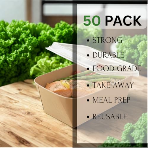Image of 50 PACK 1000 ml Paper Disposable Containers For Food with Lids | Rectangular Meal Prep Containers & Take Out Box | Leak-Proof Food Storage Containers, Food Packing Box For Kitchen