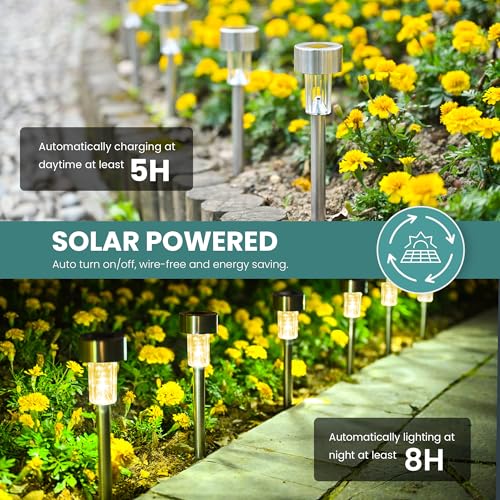 Image of GIGALUMI 24 Pack Solar Lights Outdoor Waterproof,Stainless Steel LED Solar Garden Lights, Solar Pathway Lights Outdoor, Outdoor Solar Lights for Yard, Patio, Lawn and Landscape(Warm White)