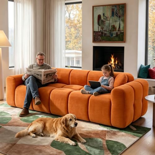 Sectional Sofa, 4-Seater Modern Cloud Orange Couch with Deep Seating, 1-Shaped Linen Fabric Sofa with Throw Pillows, Comfy Oversized Floor Sofa for Living Room, Apartment