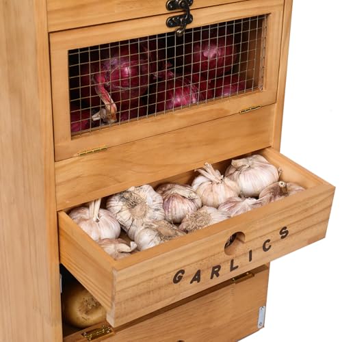 Potato Bin Veggie Organizer Rustic Pine Wood Potato, Onion & Garlic Storage Bin | Kitchen Organizer | Solid Wood Veggie Box | Compact Kitchen Box (13.77" L x 7.1" W x 29.3" H)