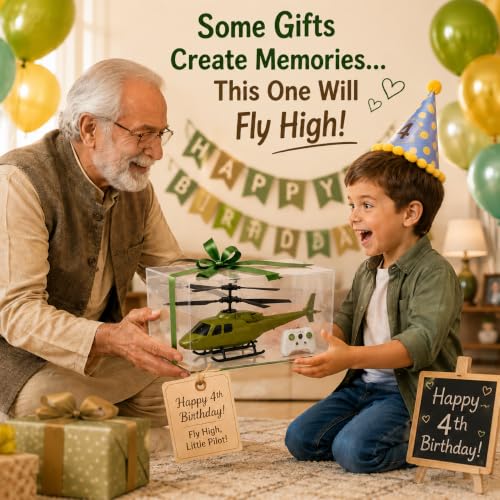 Image of Unique Design RC Helicopter for Kids with Safety Sensor & Gravity Sensor | LED Light | Rechargeable Flying Toy | Indoor & Outdoor Flying | Up & Down Movement | Remote Battery Not Included (Army Green)