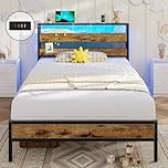 3ft Single Bed Frame with Wooden Headboard, Metal Platform Bed Frame with LED Lights and Charging Station,Sturdy Metal Slats Support, UnderBed Storage,Easy Assemble,No Mattress (Single-90x190cm)