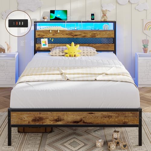 3ft Single Bed Frame with Wooden Headboard, Metal Platform Bed Frame with LED Lights and Charging Station,Sturdy Metal Slats Support, UnderBed Storage,Easy Assemble,No Mattress (Single-90x190cm)