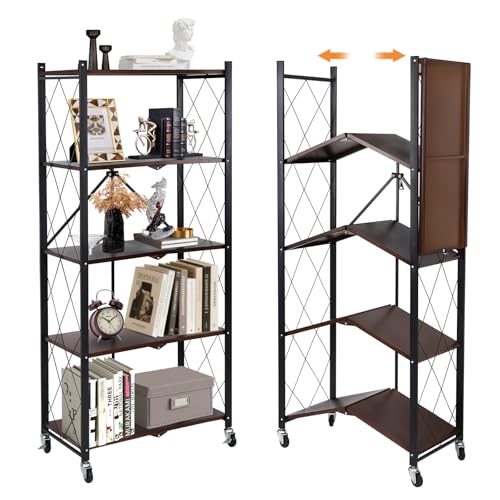 Yuanjimi 5-Tier Foldable Storage Shelves with Wheels, Folding Metal Shelf Unit, Folding Bookshelf no Assembly, Collapsible Shelves for Craft Shows for Kitchen, Bedroom, Living Room, Rustic Brown