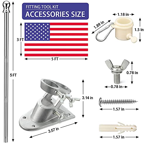 SANDEGOO Flag Pole Kit for House, 5FT Flag Pole with Wall Mounted Bracket and American Flag Rustproof Tangle Flag Pole for House Yard Residential or Commercial Silver