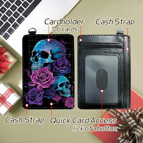 Image of Small Travel Wallets, Neon Sugar Skull Slim Minimalist Front Pocket Wallet with Wristlet, RFID Blocking PU Leather Credit Card Holder with ID Window Change Purse for Men Women