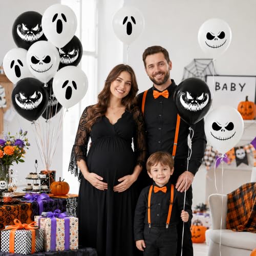 Image of Halloween Balloons Black White Skull Halloween Scary Night Party Decoration | 12in Black White Ghost Skull & Jack O Lantern Balloons for Halloween Skeleton Trick or Treat Horror Haunted House Decorations