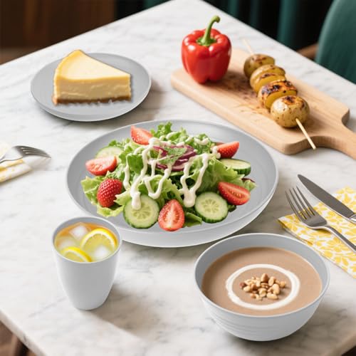 Image of Wheat Straw Dinnerware Sets, Plates and Bowls Sets, 32 PCS Dinnerware Sets Service for 8, Unbreakable Reusable Plates Set, Outdoor Kitchen and Apartment Dinning Essentials - Gray