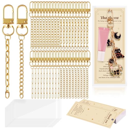 Image of Wurosi 52 Set Lip Gloss Keychain Making Kit, Gold Keychain Clips Hooks with Extender Chain, Gift Bags, Thank You Cards, 5M Hemp Rope, for DIY Key Chain Making Crafts