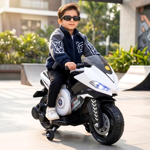Image of Toyzone Speed Electric Bike (White) | 6V Rechargeable Bike for Kids with 4.5Ah Battery | LED Lights, Music, MP3 /USB /BT | Smooth Acceleration | 6M Battery Warranty | Age 2-8 Years, Up to 35kg