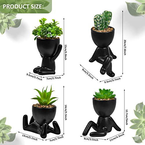 Zimfanqi 4 Pcs Cute Artificial Succulent Planters,Mini Potted Ceramic Fake Succulent Decor,Creative Human Shaped Black Pots Small Cactus Pots For Desk, Home, Bathroom And Shelf (Black) #TOP1