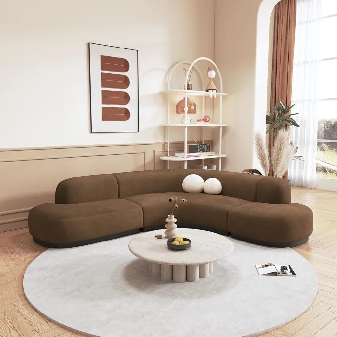 Flannel Curved Corner Sofa 5 Seater Style Comfy Couch for Living Room Apartment, L-Shape Right Chaise, Brown-image-7