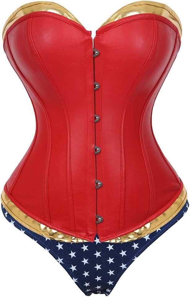 ADELCE Womens Sexy Halloween Cosplay Red Corset Costume Overbust Wonder Women Top with Shorts Set S