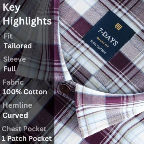 Image of 7-DAYS Men's Premium Check Shirt - 100% Cotton, Tailored Fit (Between Slim & Regular), Full Sleeve, with Pocket - Smart Office & Casual Look