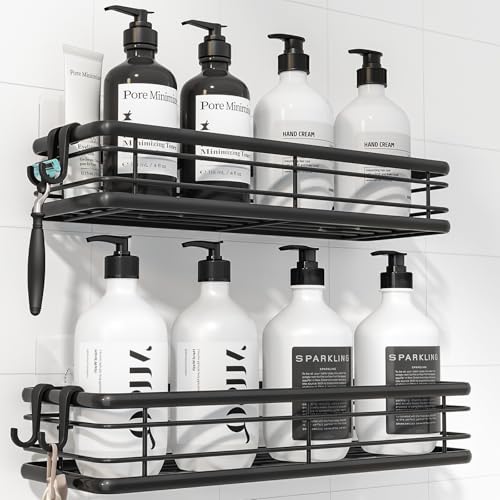 Kitsure Shower Caddy - 2-Pack Rustproof Bathroom Shelves Large Capacity Adhesive Shower Shelf No Drilling Space-Saving Storage of Bathroom Essentials W30.0cm Black