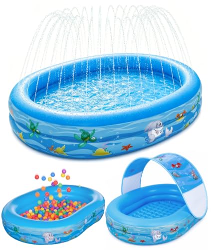 Learn2M Inflatable Kids Pool with Canopy and Sprinkler 65 x 46 Kiddie Blow Up Pool with Shade Cover for Baby Swimming Toddler Ball Pit for Backyard Water Fun Indoor Outdoor Summer Toys