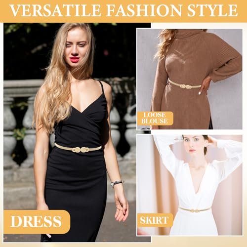Ouligay Skinny Belts for Women Dresses Gold Belts Metal Chain Belt Woman Fashion Gold Dress Waist Belt Elastic Pendant Chain for Ladies Dresses2