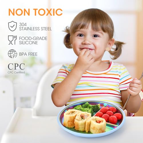 AIEVE Stainless Steel Kids Dinnerware Plates with Suction,2 Pack Round Divided Toddler Plates 9 inch with Removable Silicone Suction