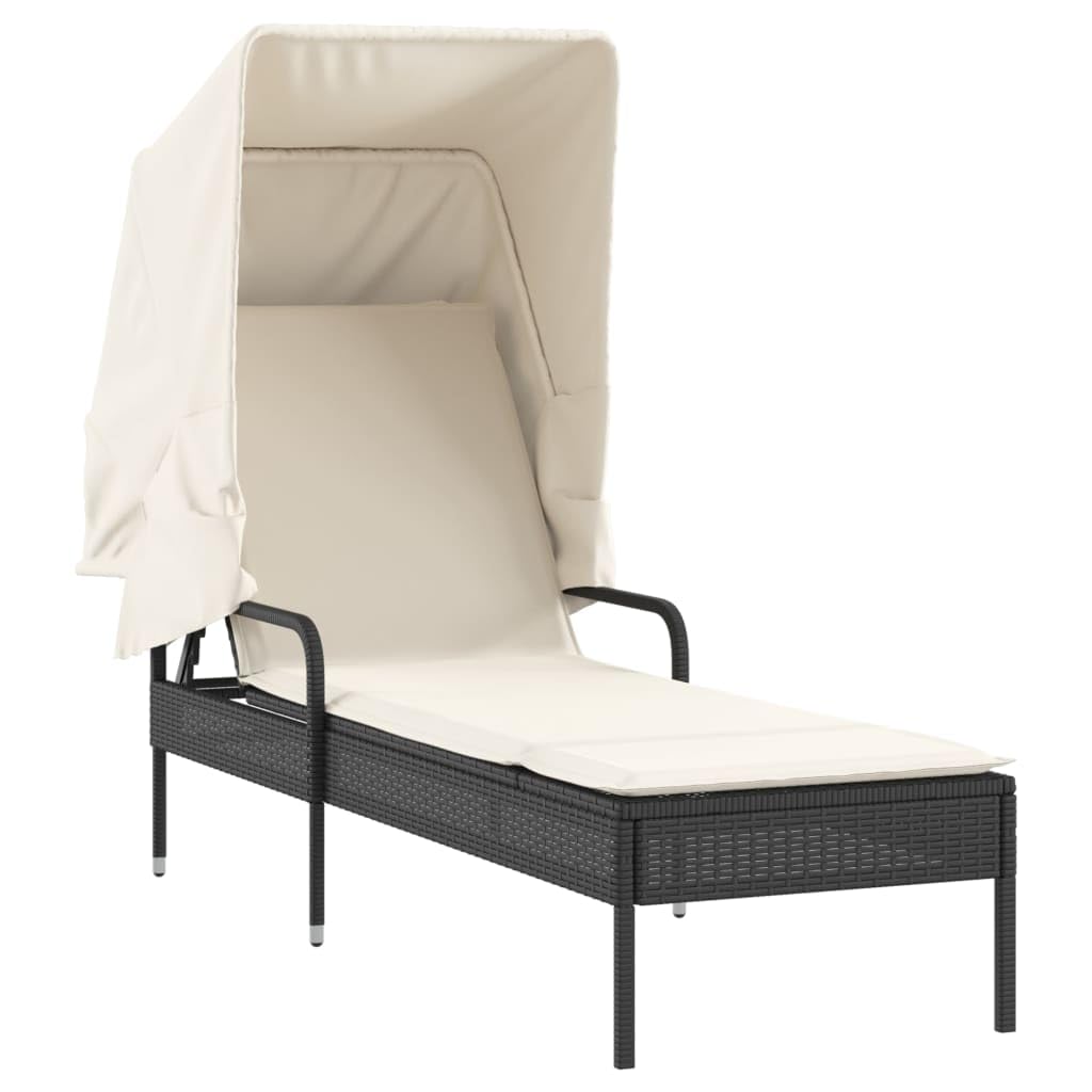 Lettino prendisole con tettuccio parasole estensibile, nero, in rattan sintetico, schienale regolabile in 4 posizioni, cuscino imbottito spesso con rivestimento rimovibile e lavabile