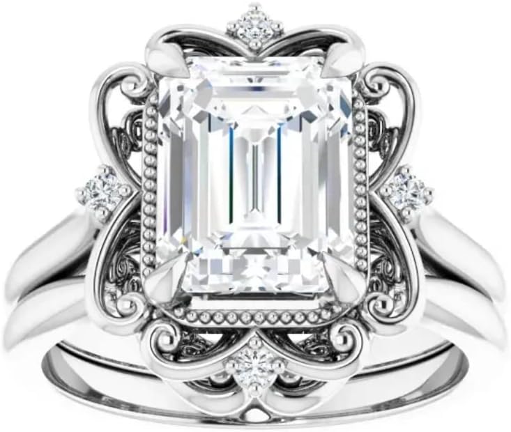 GOLDEN JEWEL 3 CT Emerald Cut Colorless Moissanite Wedding Ring Set for Women Solitaire Bridal Ring Set Engagement Gifts Anniversary Promise Her Vintage Antique
