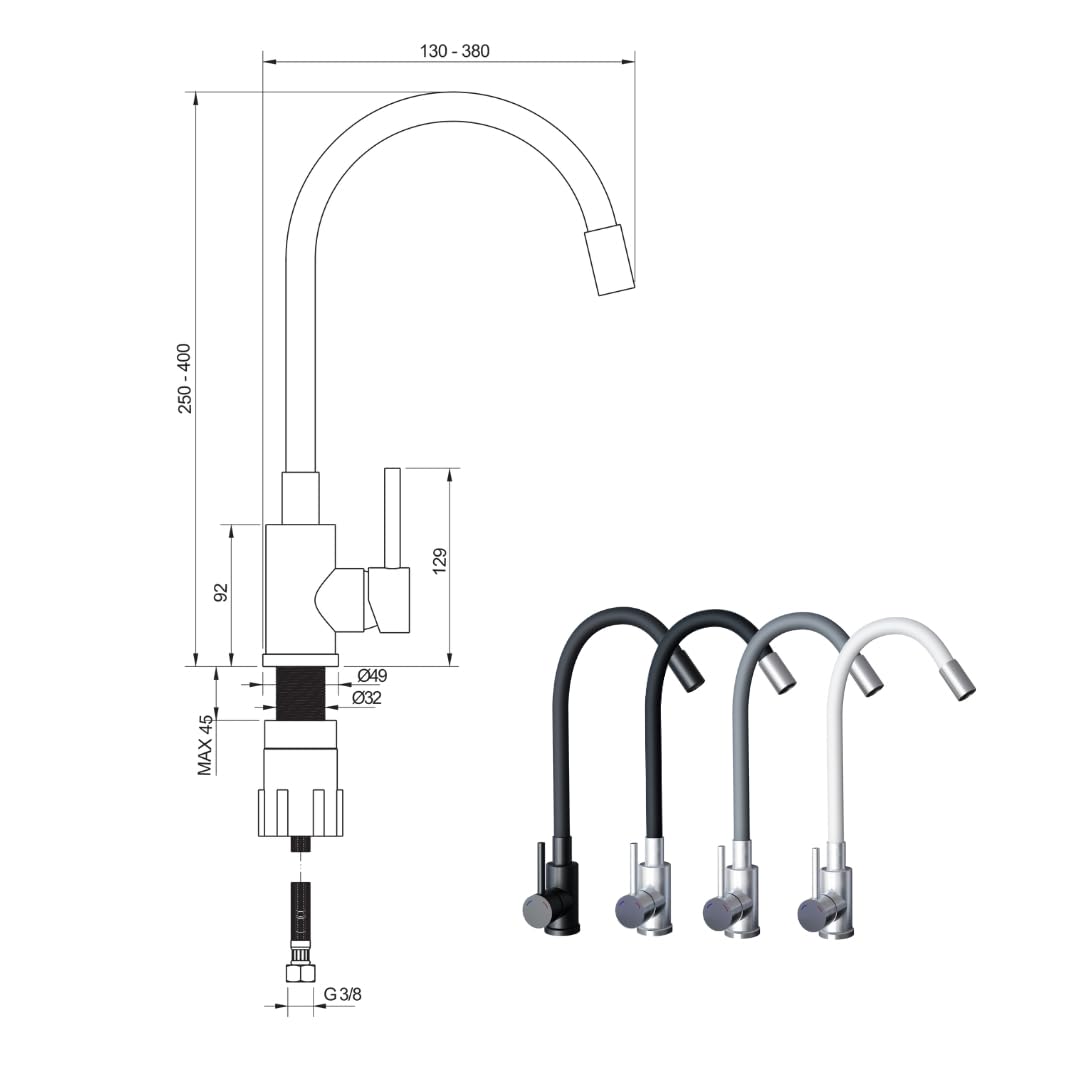GRANMASTER Gracia Granitspülbecken Komplett-Set, Flexiblen Wasserhahn, Siphon, Seifenspender und Rollmata – 1-komoriger Spülbecken, kratzfest, hitzebeständig, modernes Design für die Küche