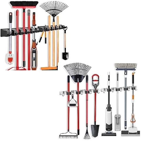 IMILLET 2 Pack Plastic Broom Holder & 2 Pack Stainless Steel Broom Holder Cover