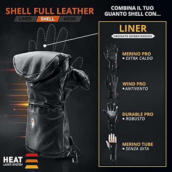 THE HEAT COMPANY Shell Full Leather muffole - L'innovazione dei guanti - Guanti pelle da ripiegare - Guanti invernali extra caldi - Guanti termici sci: uomo & donna - senza guanto interno