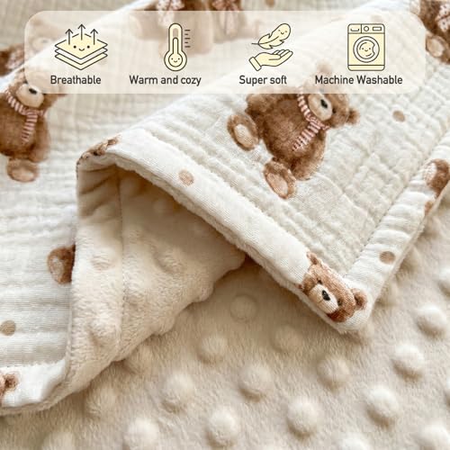 Image of GLLQUEN BABY Blankets for Boys Girls, Soft Muslin Cotton Front Dotted Fleece Backing, Nursery Minky Crib Blanket for Infant Toddler, 30 x 40 inches Throw Blanket, Bears