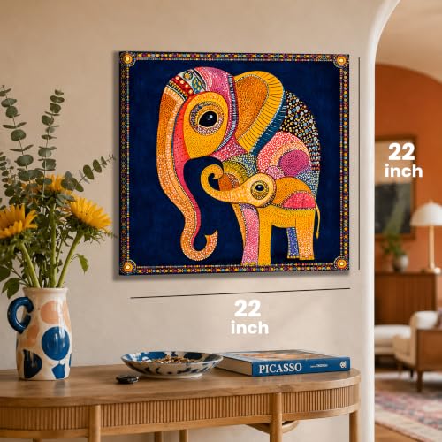 Image of PAINTINGMANTRA Gond Art of Elephants Wall Decor Print Multicolor | Canvas Painting Stretched on Wood | Suits For Living Room, Bedroom, Hallways (22x22 Inch)