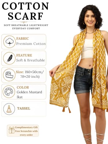 Image of KE KANHA EXPORTS Scarf for Women Premium Cotton Boho | Dual Tone Border Print Stole with Tassels | Lightweight Summer Beach Wrap 180 x 50 cm FREE Scrunchie Included