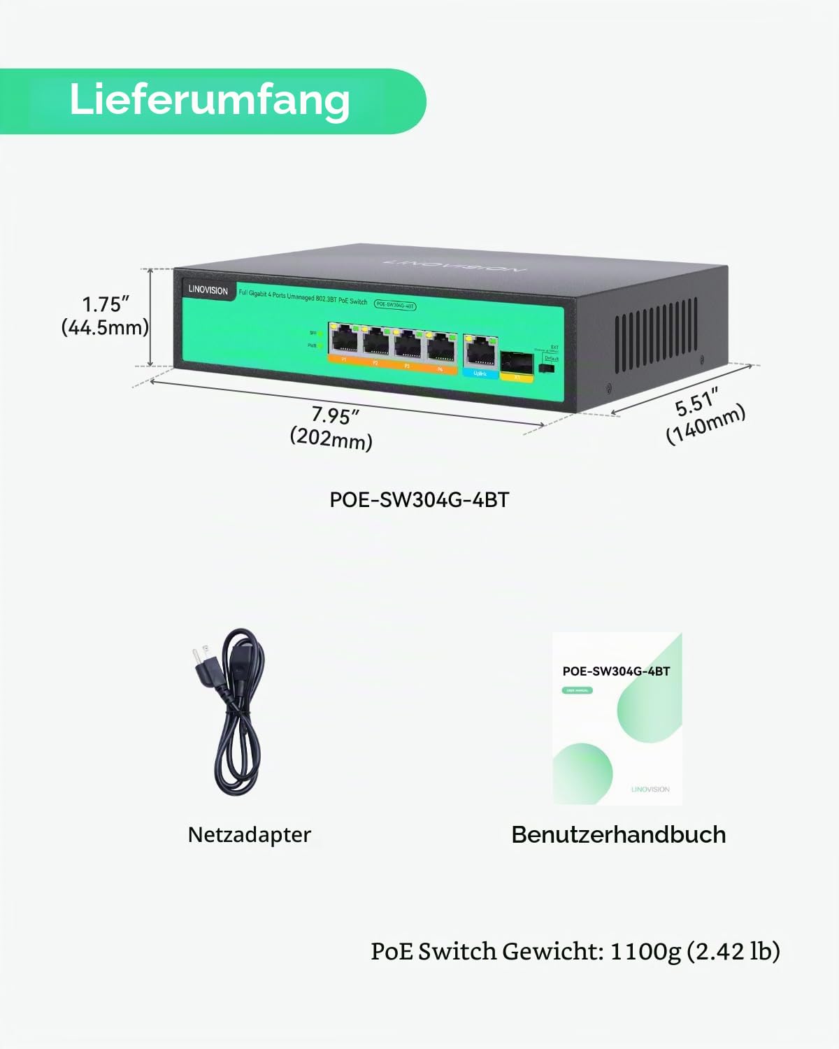 LINOVISION 4-Port PoE Switch, Gigabit, 4 BT 90W Ports, 1 GE und 1 SFP Uplink, IEEE 802.3, 96W Gesamtleistung, 250m Reichweite