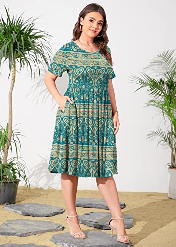 Image of POSESHE Womens Plus Size Summer Dress 2026 Casual Short Sleeve Empire Waist Loose Fit Swing T-Shirt Dress with Pockets