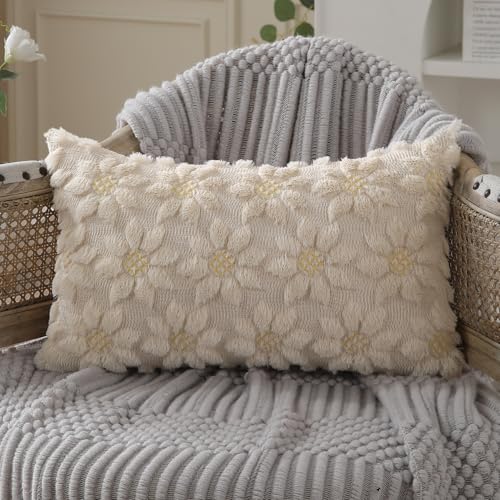Image of DFXSZ Spring Summer Pillow Covers 12x20 inch Set of 2 Beige Sunflower | Farmhouse Decor Soft Plush Faux Fur Jacquard Throw Pillow Covers|For Spring Holiday Sofa Home Decor