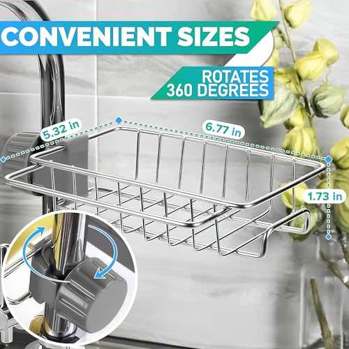 AZZORI Kitchen Sink Faucet Organizer - Stainless Steel Kitchen Sink Sponge Holder Around Faucet, Rust-Resistant, 360° Rotating Design (7.0\" x 5.4\" x 1.69\") - Fits Only 0.78\" - 0.98\" Diameter Pipes