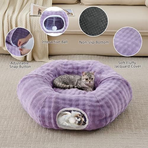 Image of Bubble Cat Tunnel for Indoor Cats, Round Peekaboo Cave Toy with Dangling Balls, Donut Tunnel Bed with Circle Mat for Puppy Kitten Rabbit, Dusty Purple