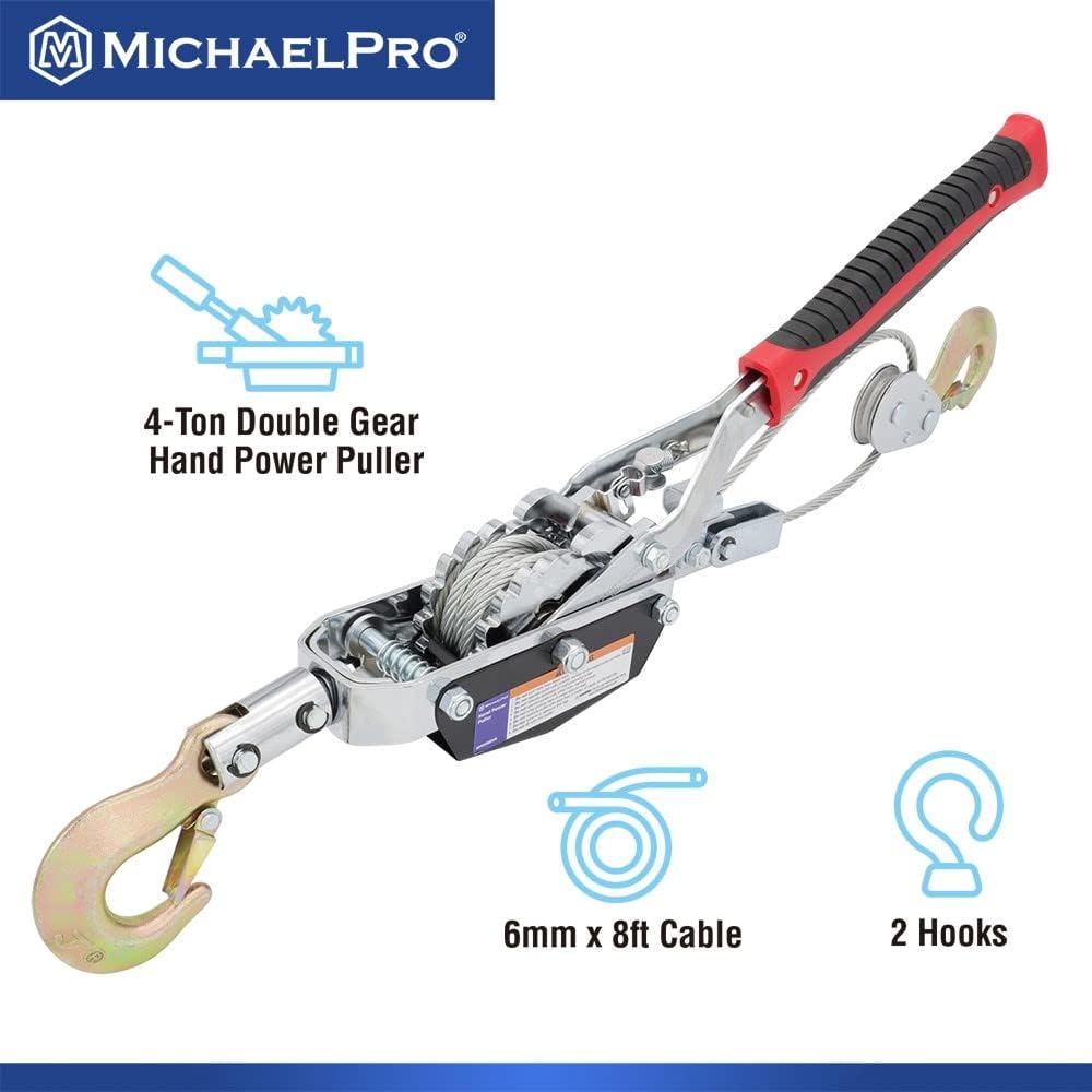 MichaelPro MP009089 4-Ton Power Hand Winch Puller | Double Gear Winch Puller for Automotive, Construction, Farm, Ranch, Fences Uses