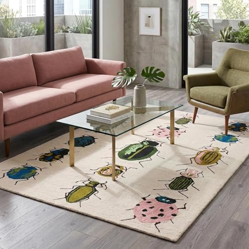 Image of Colorful Beetle-Inspired Hand-Tufted Wool Area Rug - Eco-Friendly, Soft & Durable Carpet with Insect Pattern for Living Room, Bedroom, or Home Decor (Ivory, 5' x 8')