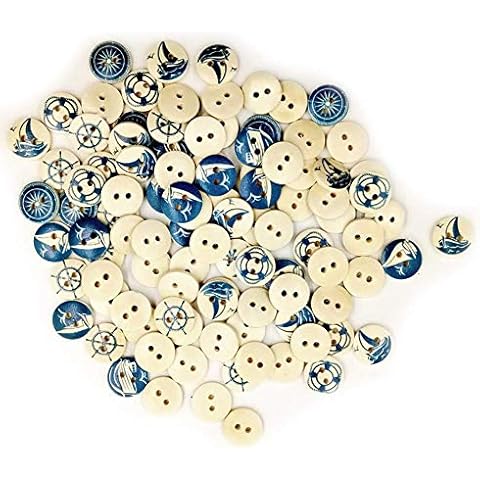 Ruby569y 100 Pcs Blue Round Wooden Buttons for Clothes Sewing and Knitting,Sailing Compass Ship Pattern Buttons for Boys' Clothing Accessories,15mm Blue Buttons for DIY Handmade Crafts Cover