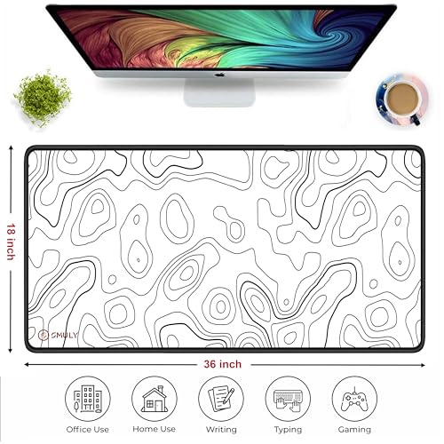 Image of White Contour Line Mouse Pad 18x36 Inch 3mm Extended Gaming Desk Mat with Anti-Slip Rubber Base Mousepad for Smooth Surface Desk pad for PC & Laptop Use Waterproof & Stiched (Black /White)Deskpad