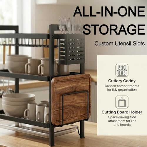 Image of COMFYHOME Dish Drying Rack, 3-Tier Wrought Iron Space-Saving Kitchen Dish Drainer with Drainboard & Utensil Holders, Rustproof Counter Organizer for Plates, Utensils, Bartan