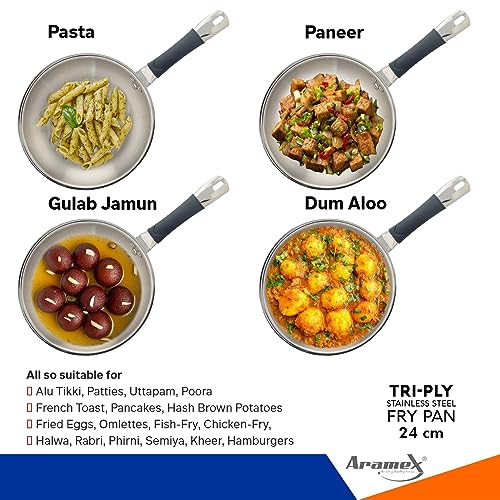 Image of ARAMEX Triply Stainless Steel Fry Pan 24cm with Silicon Grip [Without Lid, 3 Ply - SS430 Stainless Steel, Aluminium, SS304 Stainless Steel, Induction, Heats Evenly, Thick Gauge, Dishwasher Safe]