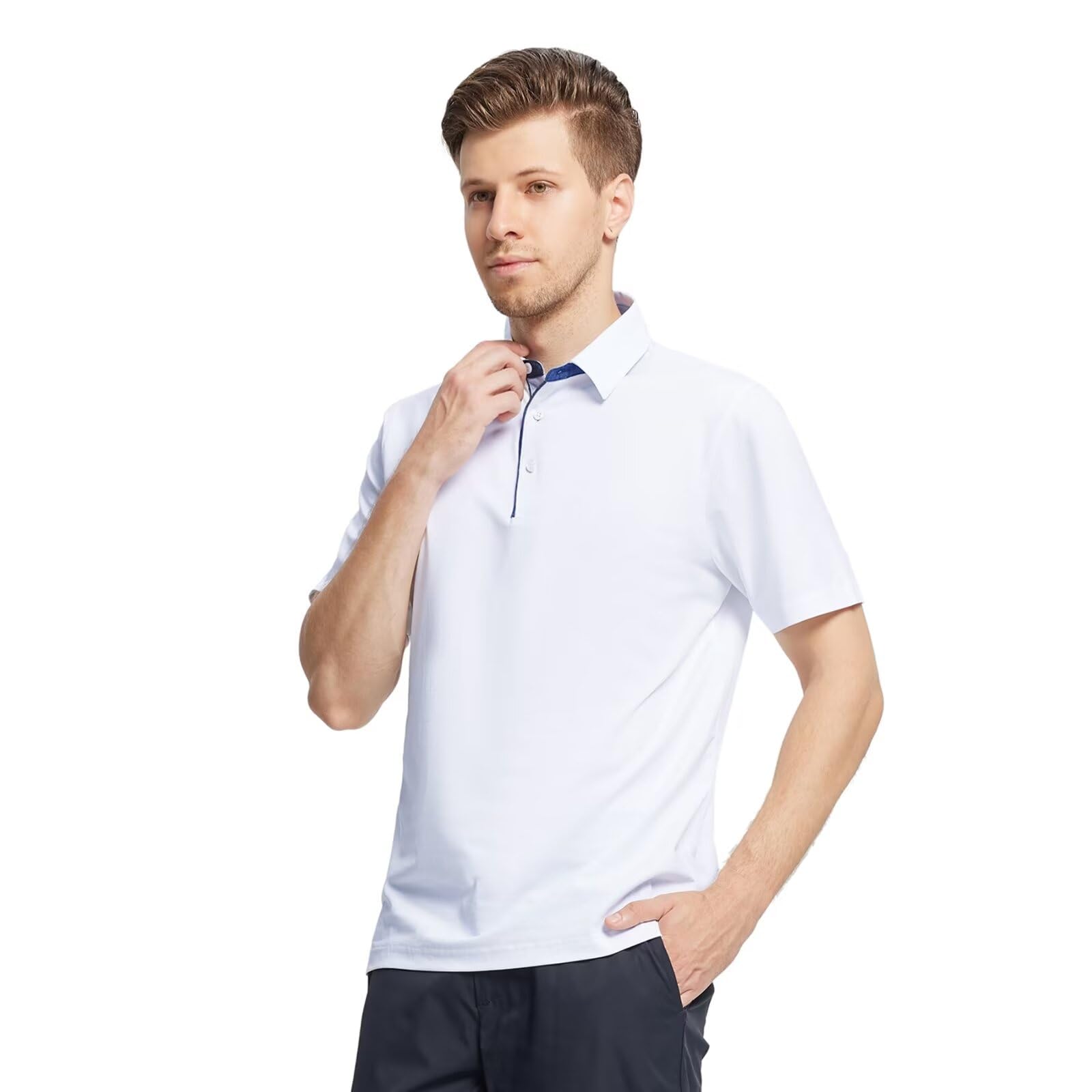 Polo Casual para Hombre, Manga Corta, Mezcla de algodón Mercerizado, Transpirable, Ajuste clásico, Polo de Negocios, Blanco, Large
