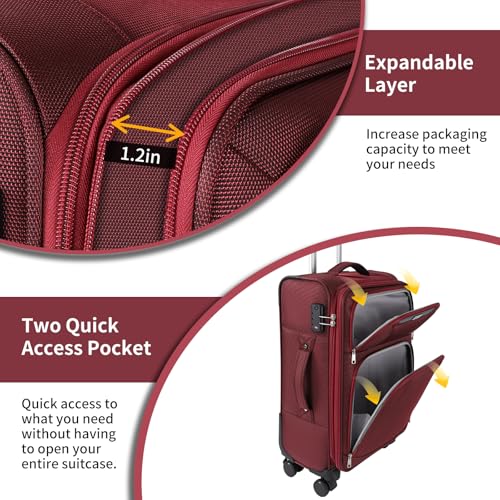 3-Piece Softside Expandable Luggage Set with Front Open Pocket, Lightweight and Durable Oxford Fabric Suitcase Set with TSA Lock (Burgundy Wine Red, 20in/24in/28in)3