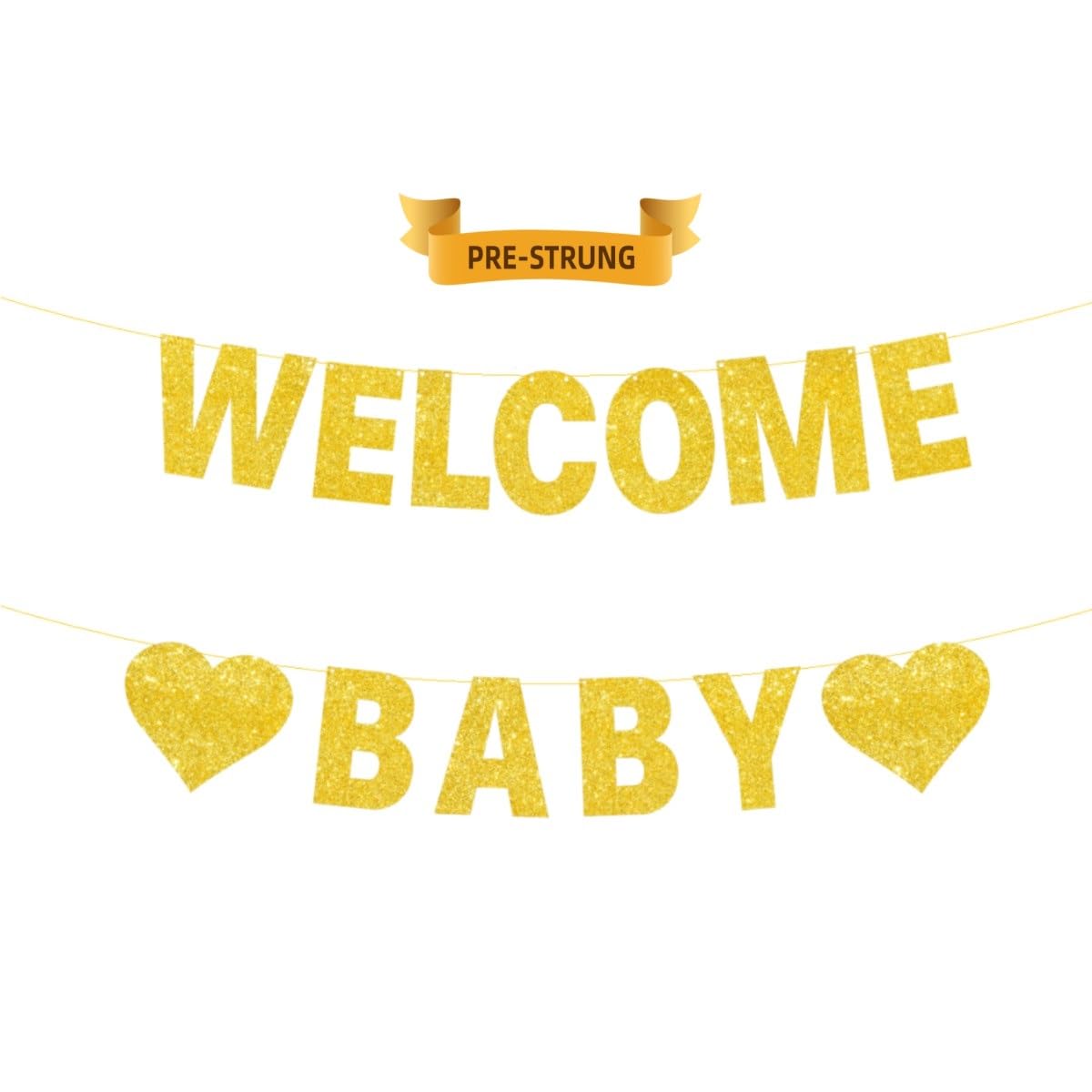 WELCOME BABY Banner, Pre-Strung, Gold Glitter Baby Shower Gender Neutral Party Decorations, Baby Shower Bunting Banner Baby Arrival Banners, Gender