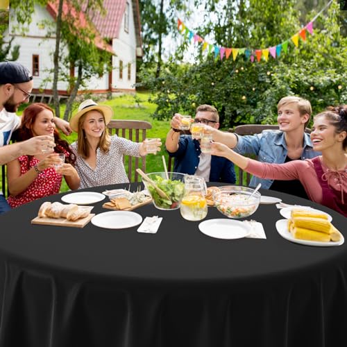 Image of 16 Pack Black Plastic Tablecloth for Round Tables, Premium Decorative Black Disposable Table Cloths for Parties, Bulk Round Party Table Cover for Birthday Wedding Anniversary Graduation, 84 Inch