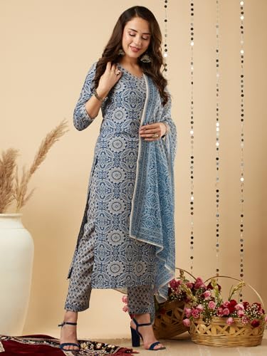 Kurta en coton mélangé chic ANNI DESIGNER ensemble 3 pièces bleu 36