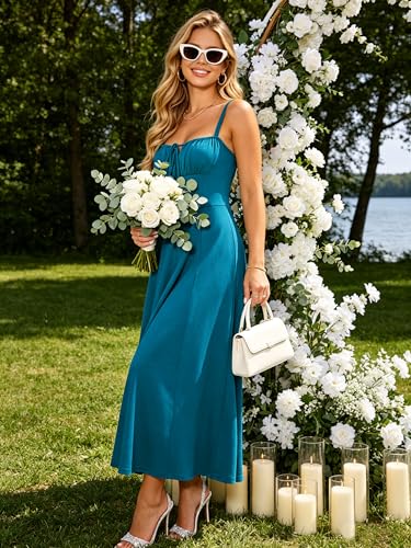 Image of YATHON Women's Summer Midi Corset Boho Dresses Spring Casual Floral Spaghetti Straps Lace Up Dress Flowy Aline Beach Sundress